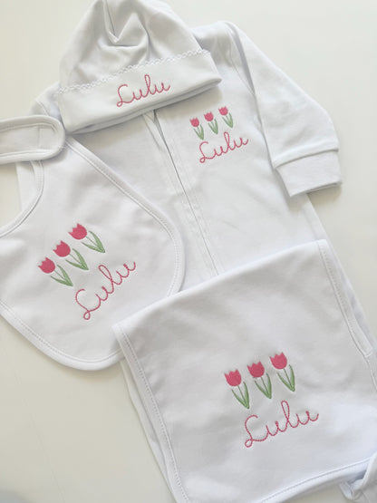 Baby Bundle: Burp Cloth, Bib, Hat & Footie