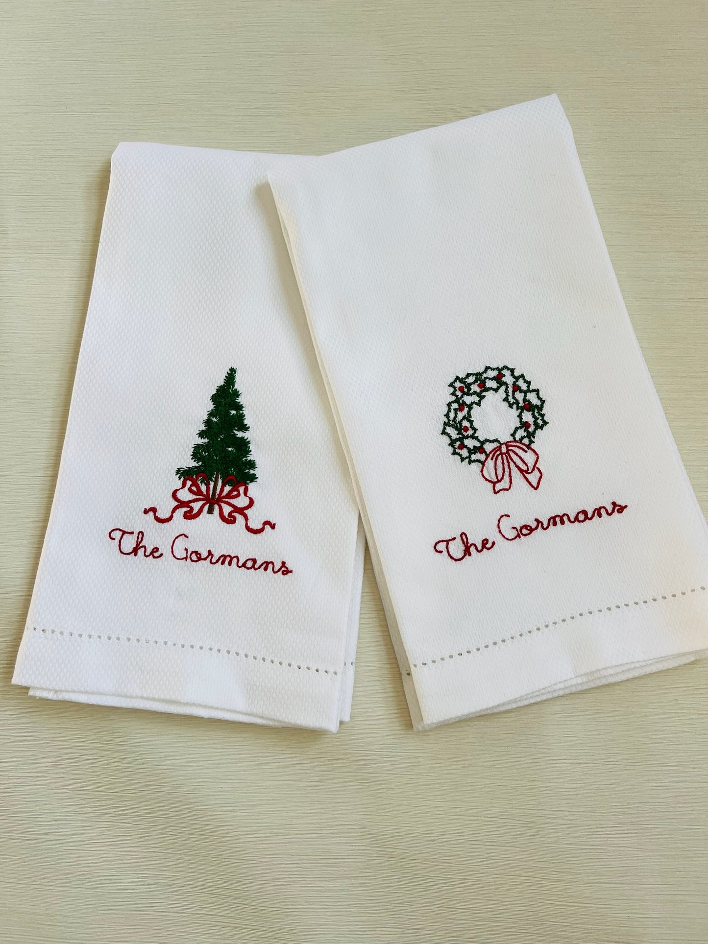 Custom Tree and Wreath Tea Towels with Name