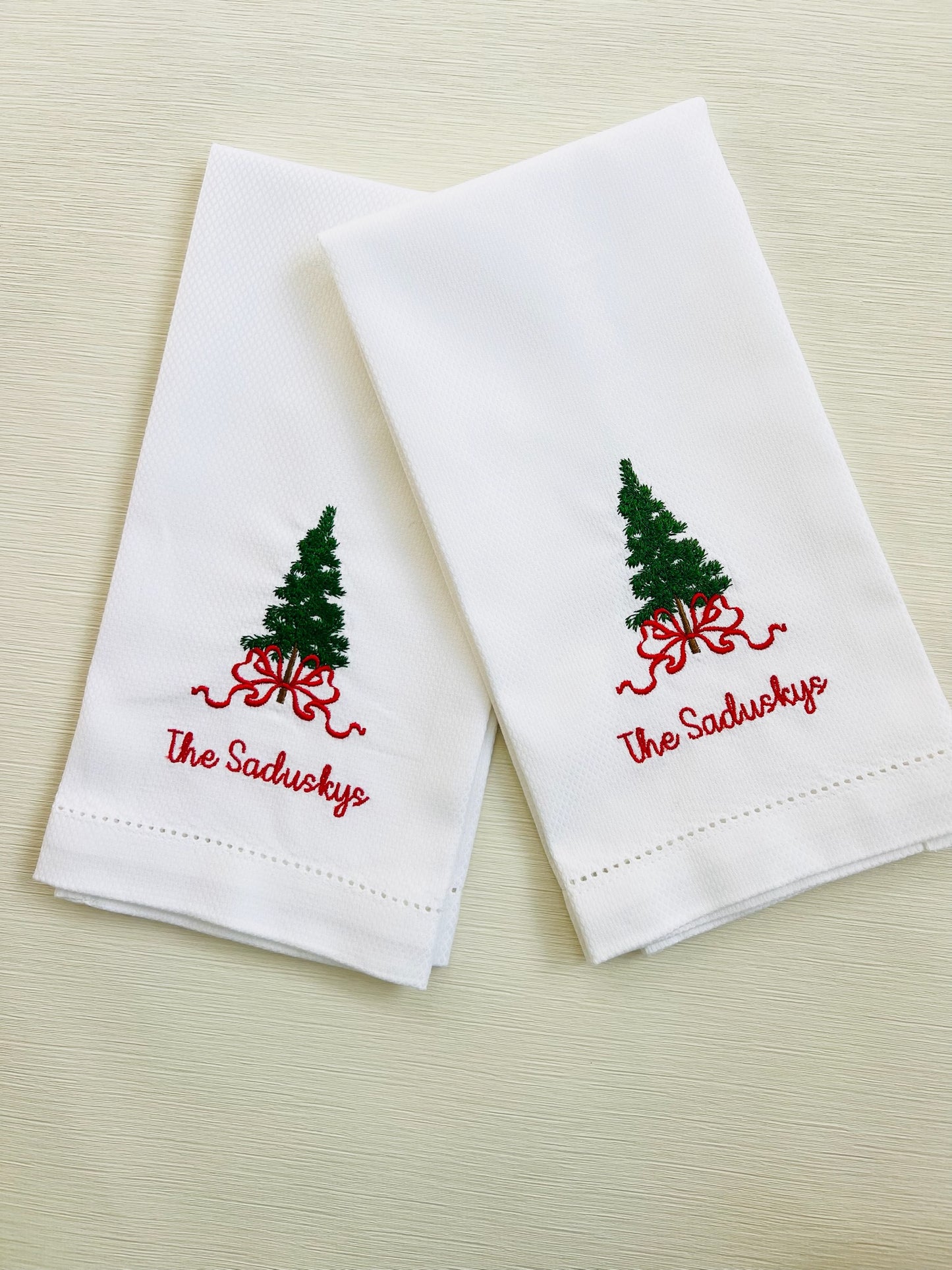 Custom Tree and Wreath Tea Towels with Name